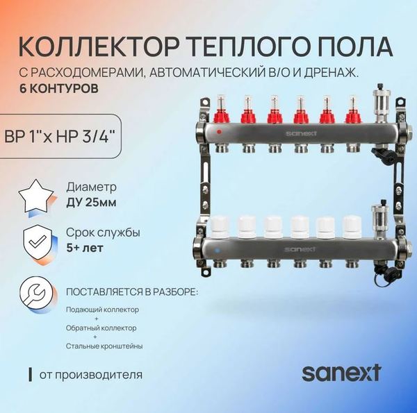 Коллектор для тепл. пола, нерж. сталь, с расход.,автомат. в/о и дренаж., ДУ25, ВР1