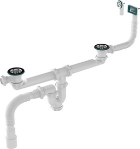Aquant Сифон для двойных моек 1 1/2х40 прямоточ с ревиз.мет.реш. прям/кругл перел. гт 40х40/50