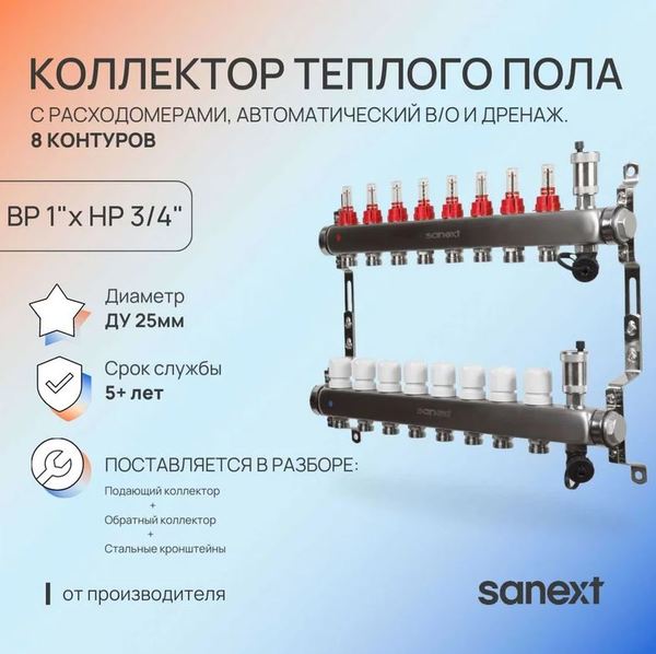 Коллектор для тепл. пола, нерж. сталь, с расход.,автомат. в/о и дренаж., ДУ25, ВР1